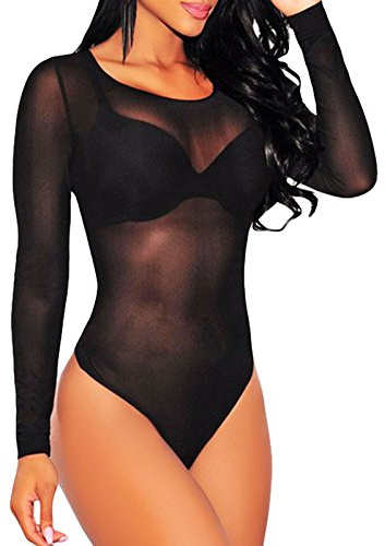 Toocool - Body de mujer bajo chaqueta transparente transparente con cuello redondo y manga larga LC6581, Negro, S/M