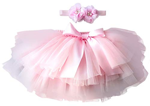 YONKOUNY Recién Nacido Bebé Niña Falda de Tutú +Cinta de Pelo de Flores Accesorios de Fotografía Prop Trajes Ropa para Fiestas Cumpleaños Boda (6-12 Meses, Rosa)