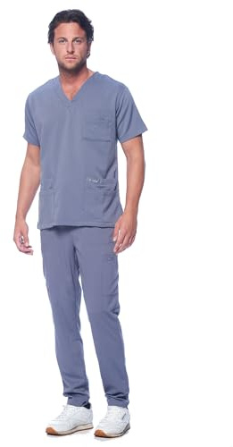 Dagacci Medical Uniform Unisex Women and Men’s V-Neck Super Stretch Scrub Set, Pewter, XL