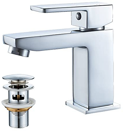 Luckyhome Basin Mixer Tap with Pop up Waste,Washroom Square Single Lever Chrome Brass Mixer Tap