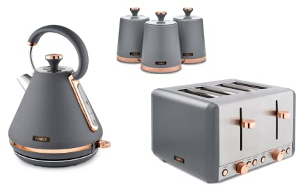 TOWER Cavaletto Pyramid Kettle, 4-Slice Toaster & Set of 3 Tea, Coffee & Sugar Canisters in Grey & Rose Gold. Matching Grey Kitchen Set