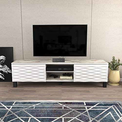 DECOROTIKA Lukas Meuble TV Moderne de 150 cm de Large pour téléviseurs jusqu'à 65 avec armoires et étagères Ouvertes (Effet marbre Blanc/Blanc)