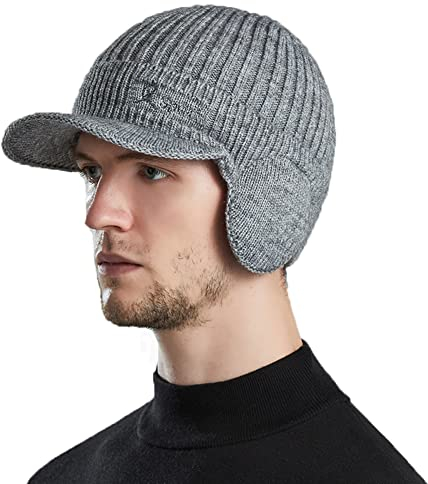 YAMEE Herren Wintermütze Strickcap Wintercap Damen Strickmütze Beanie mit Schirm Kappe,Schirmmütze mit Ohrenklappen Herren Ohrenschutz