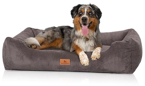 Knuffelwuff hundbädd i manchester med handvävd karaktär Olivia M-L 85 x 63 cm brungrå – avtagbart överdrag – tvättbart – för stora, medelstora och små hundar