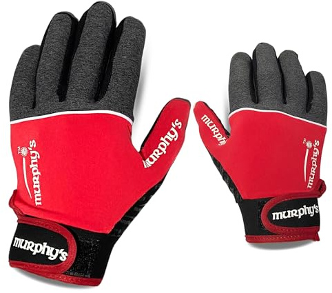 Murphys V2 gaeliska fotboll barnhandskar, premium latex fältspelare vantar, GAA överlägset grepp, hållbar krok och ögla stängning, grå och röd, 6/under 12 år