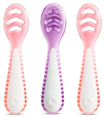 Munchkin® Gentle Dip™ Baby Spoons for Self Feeding and Baby Led Weaning, 3 Pack, Pink/Purple