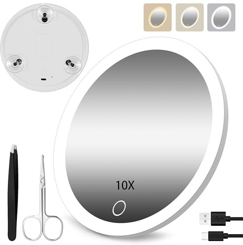 JJhxr 10X Magnifying Mirror with Lights, 10x Magnification for Makeup - 3 color Adjustable Brightness Light, 6 inch Travel Makeup Mirror with Suction Cups (White)