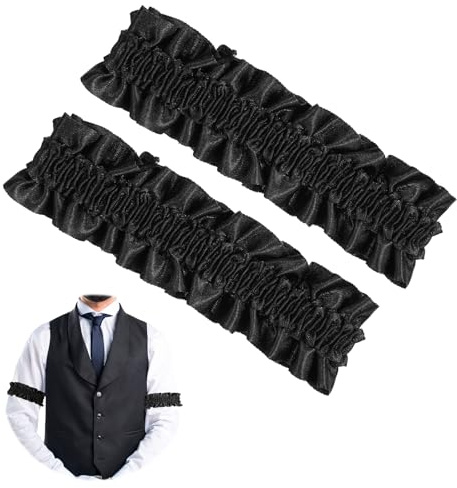 1 par de sujetadores para mangas negros elásticos antideslizantes para camisa, liguero para mangas, soporte para mangas, accesorio retro, liga con volantes para los años 20, disfraz para hombre