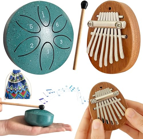 Jongdari Mini Rain Drum and Kalimba Thumb Piano, 2pcs Mini Musical Instruments 8 Key Exquisite Finger Thumb Piano and 3 Inch 6 Notes Metal Steel Tongue Drum for Adult Beginners (Green)