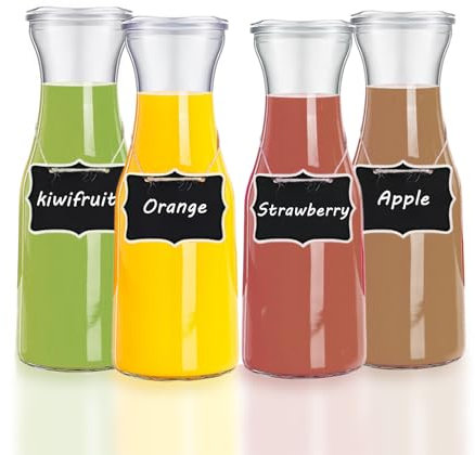 Hniuyun 4-Pack 1000ml Glass Carafes with Lids - Clear Pitchers for Mimosa Bars, Wine, Juice & Bedside Water