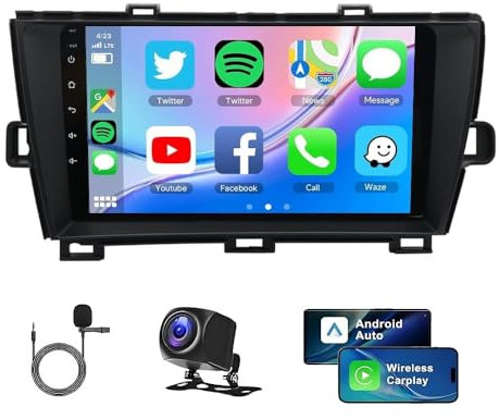 4GB+64GB Android 14 Car Stereo for Toyota Prius 2009-2013 RH Drive w/Wireless Carplay Android Auto Car Radio Stereo 9 Touch Screen FM/RDS Radio Receiver Support Mirror Link SWC Split Screen Wi-Fi