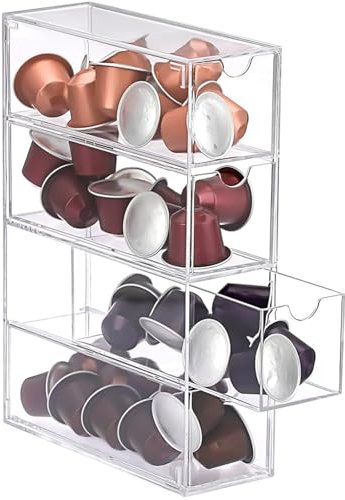 DAIRYCOF 1 boîte de rangement pour dosettes de café en acrylique avec 4 tiroirs - Support transparent pour dosettes de café 24,7 x 17,6 x 6,6 cm - Compatible avec les capsules Nespresso - Organiseur