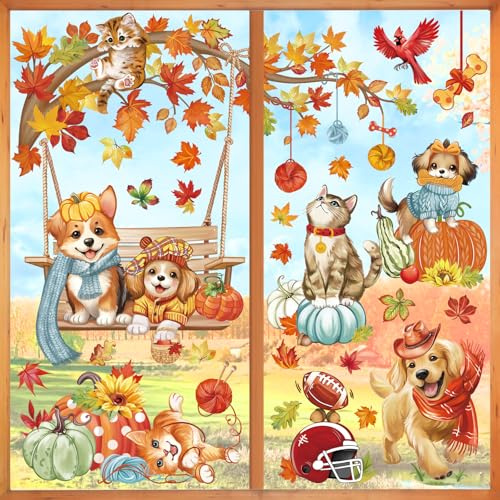 wondever Window Clings Decals Fall Animals Pets Dogs Cat Glass Sticker | Thanksgiving Vinyl Static Cling, Anti Collision, Double-Sided, Reusable Removable, Easy to Apply, for Window Glass Door Home