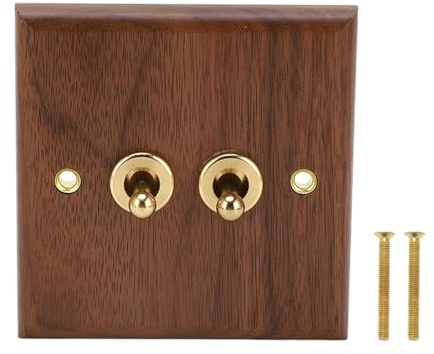 Doppio Interruttore a Levetta, Pannello a Parete in Noce Fatto a Mano con Accenti in Ottone, Interruttore Elettrico retrò 250 V 50Hz, Socket Vintage di Facile Installazione per