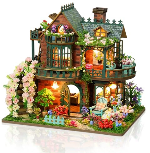 Cuteefun DIY Miniature House Kits, Mini Dollhouse with LED, Wooden Crafts for Adults Teen to Building, Birthday (Elfin Garden)