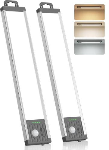 GOODEA 25 cm 2800 mAh skåpbelysning med rörelsesensor, 3 färger | Uppladdningsbar batteridriven, dimbar underskåp, LED-remsa med magnet för skåp, kök, trappor, badrum, 2 st