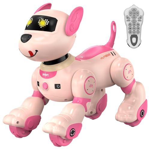anysun Perro Robot, Juguete de Perro Robot Recargable, Juguete Programable con Función de Seguimiento, Comandos de Voz, Control Remoto y Sensor Táctil, Regalo Ideal de Navidad para Niños (Rosa)