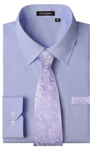 HISDERN Mens Long Sleeve Shirt and Tie Sets Button Down Lilac Shirts for Men with Pocket Formal Business Wedding Regular Fit,L