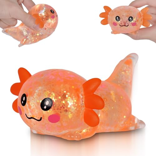 Puffwize Axolotl Squishy Toy, Cute Slow Rising Fidget Toy for Stress Relief, Soft Squeeze Sensory Toy for Kids and Adults, Handheld Stress Ball for Anxiety and Focus(Orange)