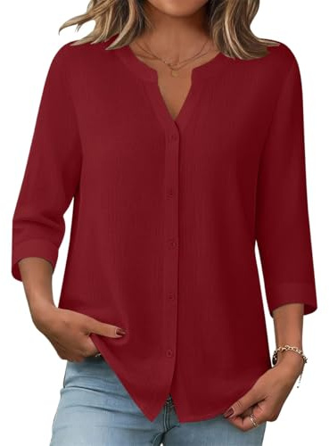 Onsoyours Camicia da Donna in Cotone Lino con 3/4 Manica Scollo a V Elegante Blusa Tinta Unita Camicia con Bottoni A Rosso XXL