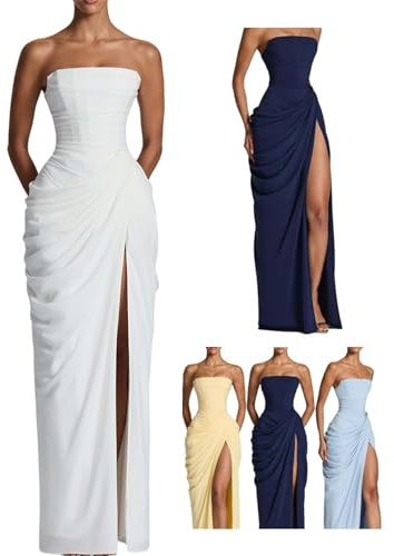 Generisk kvinnor chiffong rygg snörning asymmetriska plektrum strapless slit maxiklänning, korsett bal rukad maxi bridesmaid cross front