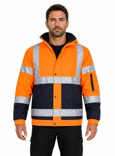 shelikes Men's Hi Vis Bomber Jacket Waterproof High Viz Workwear Coat Hooded Padded Security Safety Jacket with Pockets Reflective Tape & Fleece Lining