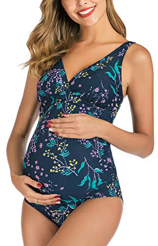 EastElegant Blommiga baddräkter för gravida, baddräkter, V-ringad, graviditet, badkläder bikini，Blå，L