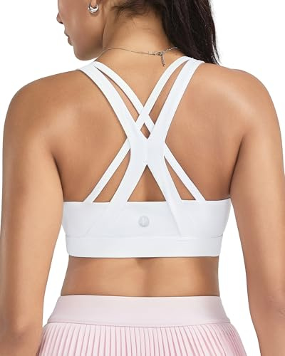 RUNNING GIRL Sports Bra for Women High Support, Criss-Cross Back Padded Strappy Black Sports Bras Yoga Bra with Removable Cups(2353_White_L)