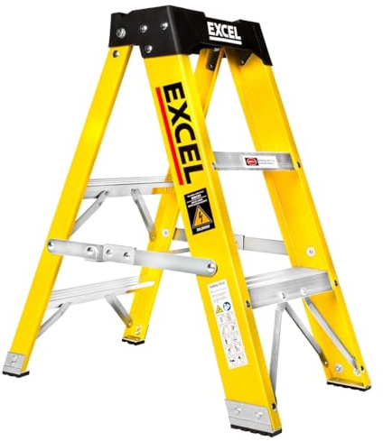 Excel Electricians Fibreglass Step Ladder 3 Tread 0.72m – Heavy Duty Folding & Lightweight Ladder, Non-Conductive, 150kg Max Load Capacity