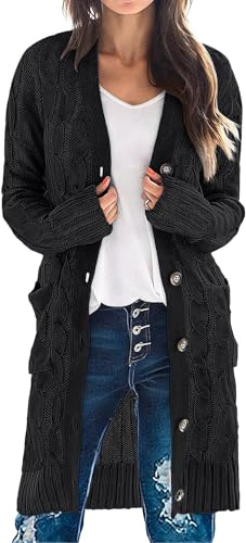 MEROKEETY Women's 2025 Long Sleeve Cardigan Sweater Fall Winter Cable Knit Open Front Button Long Outerwear, Black, L