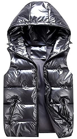 Quiltad väst, glänsande, för damer – ärmlös täckjacka, enfärgad väst, blixtlåsficka, casual, huvjacka, unisex, vinterjacka med huva, utomhusväst, buffertjacka, S–3XL, Mörkgrå, 3XL