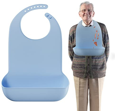 MARS WELLNESS Adult Bibs for Elderly -Comfortable and Easy to Clean Silicone Bibs for Adults with Easy to Use Button Closure and Bottom Crumb/Liquid Catcher, Dishwasher Safe
