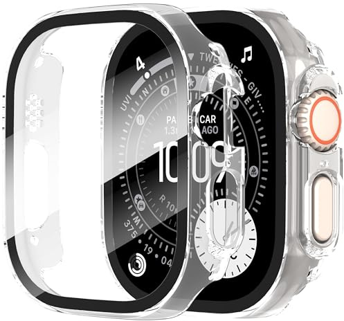 Diruite 2-Pack Skyddsfodral för Apple Watch Ultra 4/3/2/1 49mm Skärmskydd | Mycket Detaljerad,Ultratunn Klockboett I PC-Material,FöRsedd Med En 9H Hd-HäRdad Glasfilm,ReptåLig,Genomskinlig,49mm
