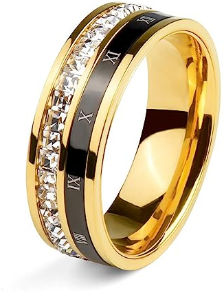 18K Gold Plated Roman Numeral Cubic Zirconia Ring for Men, Square CZ Gold Rings for Men, Spinner Silver Mens Rings Stainless Steel Size 5-13 (Gold Zirconia Ring, 9)