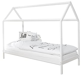 TiCAA Kinderbett Hausbett 90x200 cm, für Jungen & Mädchen, Montessori Bett weiß aus Kiefer Massivholz