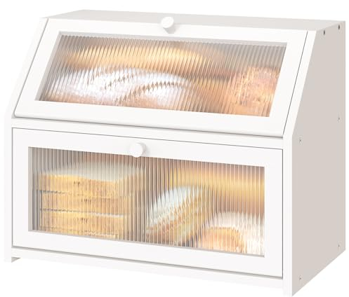Vriccc White Bread Box for Kitchen Counter, Large Bamboo Wood Double Layer Bread Box, Wooden Bread Storage Capacity