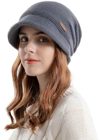 AYPOW Winter Knit Slouchy Visor Hat for Women, Fleece Lined Warm Thermal Hat with Brim, Pullover Ear Protection Hat, Beret Hat Newsboy Cap, Daily Winter Outdoor hat for Ladies