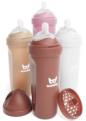 Herobility Doppelte Anti-Kolik-Babyflaschen – 12 fl oz/340ml – 4er-Pack – Mehrfarbig baby flaschen – Sand, Waldmurmeltier, Rosa, Weiß