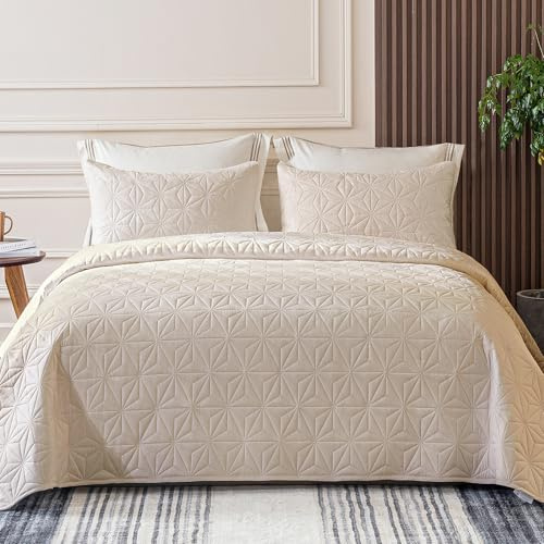Whale Flotilla Colcha Bouti para Cama 240 x 260 cm, con 2 Fundas de Almohada, Colcha para Suave y Ligera con Diseño Geométrico para 4 Estaciones, Beige