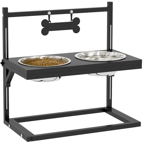 PawHut Comedero Elevado para Perros Cuenco para Perros con 2 Tazones de Acero Inoxidable Altura Ajustable y 1 Placa de Metal en Forma de Hueso 40,5x22x39 cm Negro