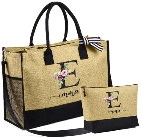 jewelora Tote Bag Personnalisable Sac Fourre Tout pour Femme avec Poches Sac de Plage Femme avec Nom pour Maman Maitresse Amie Mariées Sac Cabas pour Mariage Voyage Plage Vacances Noël (Lettre-5)