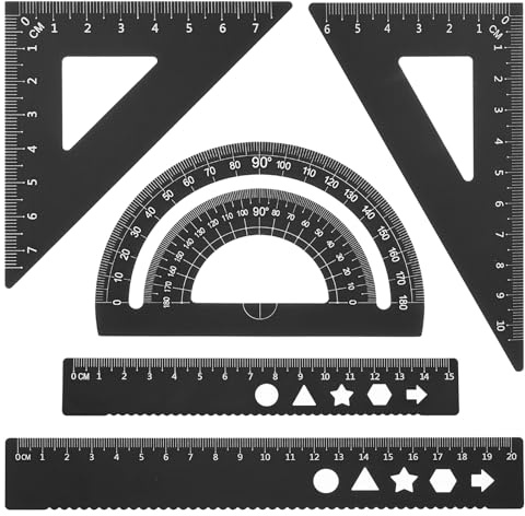 PATIKIL Set di Squadra Triangolare, Righello Metrico da 15cm 20cm in Alluminio, Squadra Triangolare 45°60° e Goniometro, 5Pz, Nero