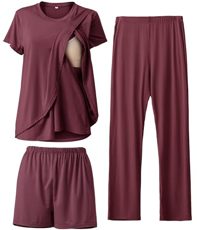 SUNNYBUY 3-delat amningspyjamas-set för perioden efter födseln, avslappnad, mjuk, mammapyjamas, nattkläder, loungewear, klädlager
