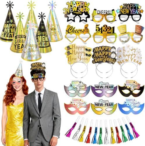 DPKOW 36pcs Bolsas de Cotillon Nochevieja 2027 con Láser, Accesorios Photocall de Nochevieja Gafas Sombreros Diademas Máscara Fiesta de Víspera de Año Gorros Bandas Trompetas Cotillon Fin de Año