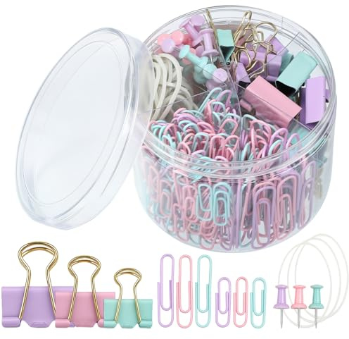 350 Pcs Macaron Paper Clips with Binderclips Rubber Bands Push Pins