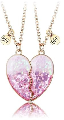 Ghloyza BFF Necklace for 2 Girls Friendship Necklace Best Friend Necklaces Friendship Gifts for Women Heart Matching Gifts for Bestie Gift Jewellery for Women Christmas Birthday Gift (Sequin Pink)
