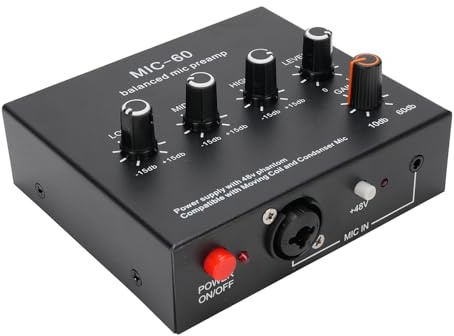 Jelquix Microphone Preamp, 48V 60db Gain Mic Preamp, XLR 3.5mm 6.35mm Inputs Outputs Mic Gain Booster for Dynamic, Condenser, Ribbon Microphone, Interface, Mixer (With XLR Cable)
