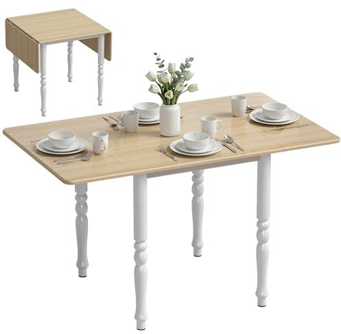 HOMCOM Tavolo da Pranzo Pieghevole per 2-6 Persone, 74-134x80 cm Tavolo Cucina a Ribalta con Gambe Tornite in Acciaio, Scrivania Richiudibile Salvaspazio per Soggiorno Sala da Pranzo, Legno Naturale