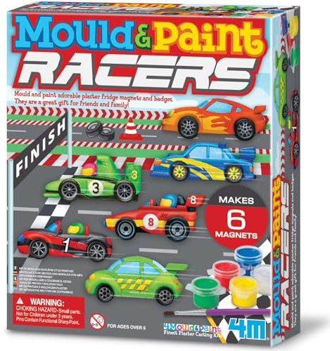 4M Modella e Dipingi Auto da Corsa – Kit Creativo Set Gesso per Creare Magneti per il Frigo e Spillette, Gioco Educativo per Bambini, Regalo Artistico Fai-da-Te