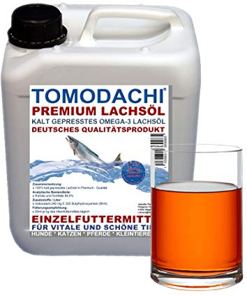 Tomodachi Lachsöl für Hunde Barf Zusatz Hund kalt gepresstes Lachsöl Naturprodukt mit essentiellen Fettsäuren Omega 3 Lachsöl Fischöl für Hunde 5L